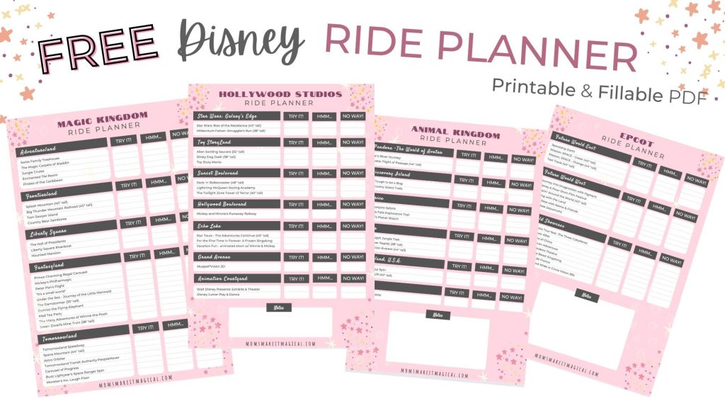 Image of my Free Disney ride planner tool, a printable and fillable PDF. Four sheets, one for each park, to help better prepare for your trip to Disney with your highly sensitive child.