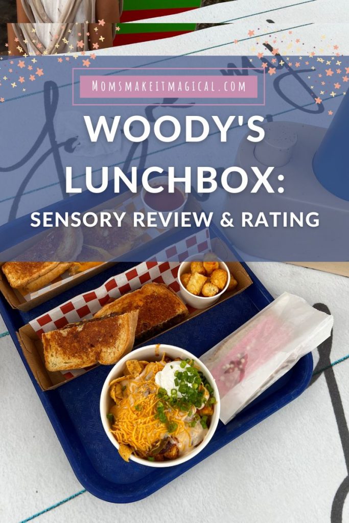 Image of potato barrels and sandwich from Woody's Lunchbox at Hollywood Studios. Text overlay reads woody's lunchbox: sensory review and rating. From moms make it magical dot com.