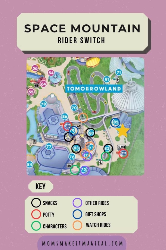 Image of a map featuring space mountain and surrounding areas. Text title says Space mountain rider switch. black circles indicate location of nearby snacks. red circles indicate closest restrooms. green circles indicate closest characters. purple circles indicate other rides. blue circles indicate gift shops. and orange circles indicate where you can watch other rides.