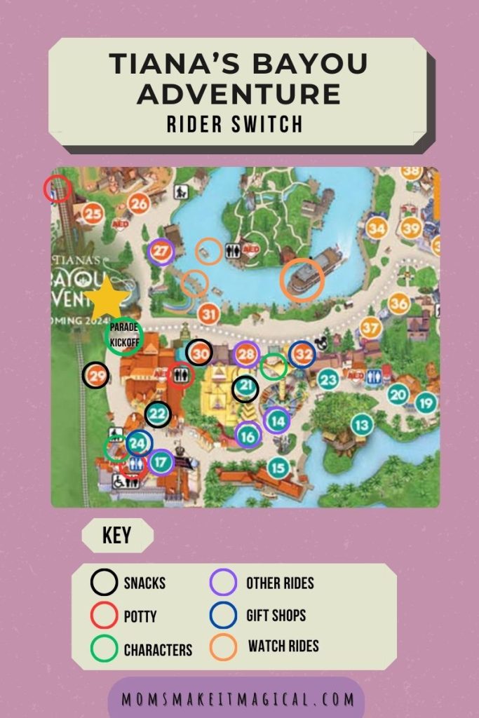 Image of a map featuring Tiana's bayou adventure and surrounding areas. Text title says Tiana's bayou adventure rider switch. black circles indicate location of nearby snacks. red circles indicate closest restrooms. green circles indicate closest characters. purple circles indicate other rides. blue circles indicate gift shops. and orange circles indicate where you can watch other rides.