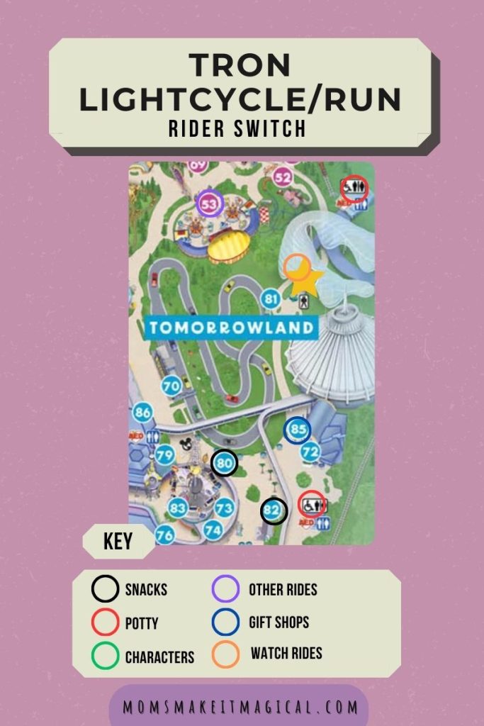 Image of a map featuring TRON and surrounding areas. Text title says TRON rider switch. black circles indicate location of nearby snacks. red circles indicate closest restrooms. green circles indicate closest characters. purple circles indicate other rides. blue circles indicate gift shops. and orange circles indicate where you can watch other rides.