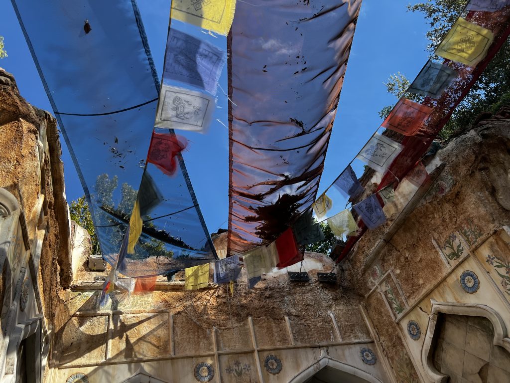 Image of colorful prayer flags hanging above, from the Maharajah Jungle Trek at Disney's Animal Kingdom.